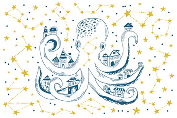 Blue outline hand-drawn artwork of octopus with cute houses flying in the galaxy. Sea animal and stars vector illustration.
