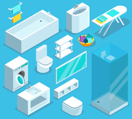 Bathroom isometric set of the interior with bathroom and toilet furniture items. A set of isometric furniture on a blue background vector illustration.