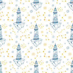 Blue and yellow outline seamless pattern with lighthouse and celestial. Galaxy stars and house vector illustration.