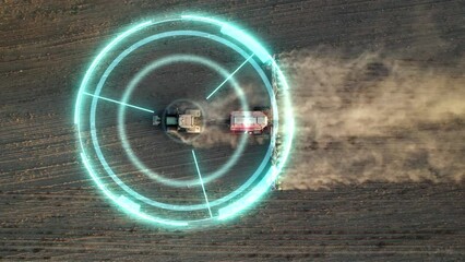 5G autonomous tractor without a driver working the soil before sowing. Future technology with smart agriculture farming concept. Analysis of data obtained from the field using artificial intelligence