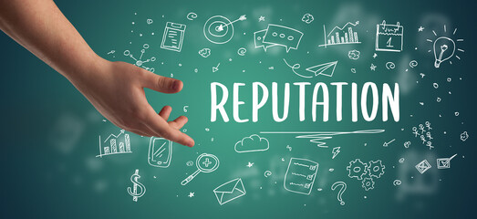 Close-Up of cropped hand pointing at business inscription