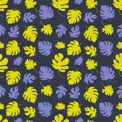 Naklejka na ściany i meble Seamless pattern with monstera leaves on grid distorted background. Hippie aesthetic print for fabric, paper, T-shirt. Groovy illustration for decor and design.