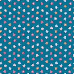 Summer simple seamless pattern with multicolour flowers. Groovy hippie aesthetic print for fabric, paper, T-shirt. Doodle illustration for decor and design.