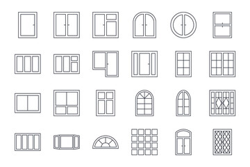 Vector window icons. Editable stroke. Set line architectural symbols. Elements of interior buildings. Round arched french frames. Single double glass block with a door - 506099390