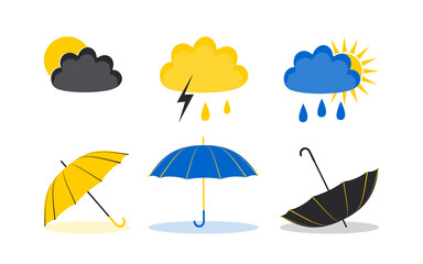 Set of umbrellas and rainy weather clouds. Rainy season symbols isolated on white background. Vector.