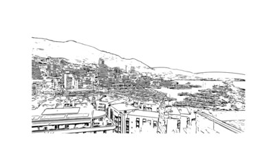 Building view with landmark of Manako is the village in Mali. Hand drawn sketch illustration in vector.