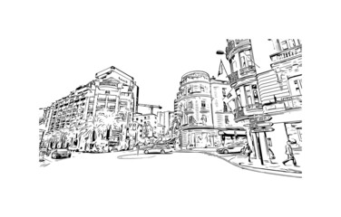 Building view with landmark of Manako is the village in Mali. Hand drawn sketch illustration in vector.