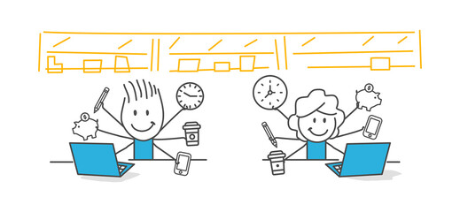 Stick Figures. Coworkers smiling, working peacefully. Business, Office, Startup.