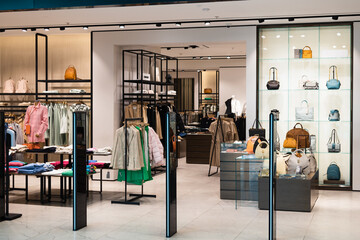 Luxury shopping mall department, clothing store interior. Panorama, Vilnius, Lithuania 10 April 2022