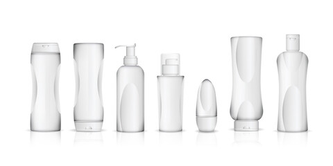 Set of realistic white plastic bottles for liquid laundry detergent, bleach, fabric softener, dishwashing liquid or another cleaning agent. Easy to place your text and brand logo. Vector illustration