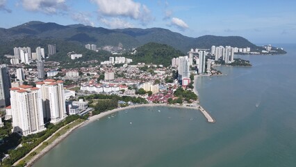 Georgetown, Penang Malaysia - May 20, 2022: The Straits Quay, Landmark Buildings and Villages Along its Surrounding Beaches