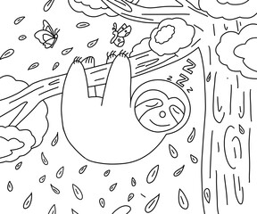 Sloth hanging from the tree coloring pages for kids and adults.