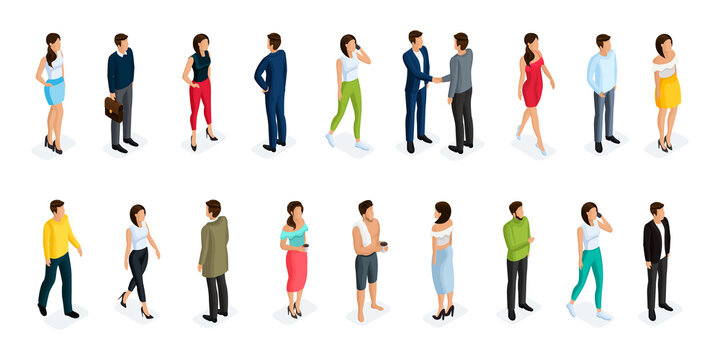 Fashion isometric people, men, and women 3D, front view back view. People in fashionable clothes, in different poses. Vector illustration.