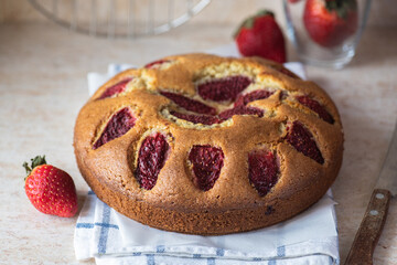 Sweet and delicious strawberry one layer cake. Close up.