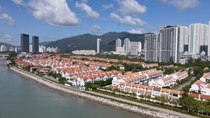 Fototapeta na wymiar Georgetown, Penang Malaysia - May 20, 2022: The Straits Quay, Landmark Buildings and Villages Along its Surrounding Beaches