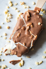 Top view of almond vanilla ice-cream with chocolate glaze.