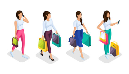 A set of isometric 3d people are engaged in holiday shopping. Girls buy gifts with bright packages. Women in different poses in colored clothes.Vector illustration.
