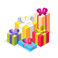 A set of isometric bright gift boxes with ribbons for gifts and congratulations. Gifts for the new year and birthday. Vector illustration