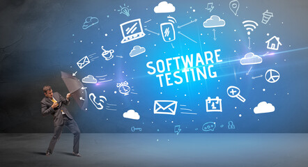 Businessman defending with umbrella, modern technology concept