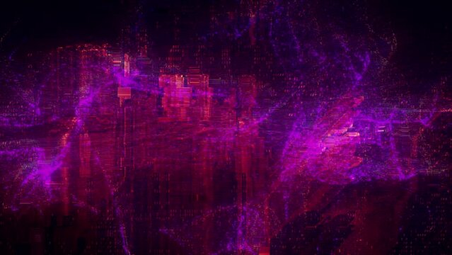 Purple and red abstract digital code. Concept 3D animation loop background as crypto currency, NFT, video gaming overlay with network cyber security hex code for landing page and banner showcase