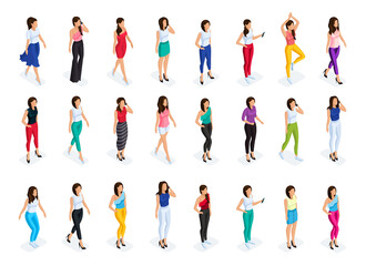 Isometric set of 3D girls in fashionable clothes. Modern women in a dress, skirt, and pants. Fashionable outfits for characters .Vector illustration.
