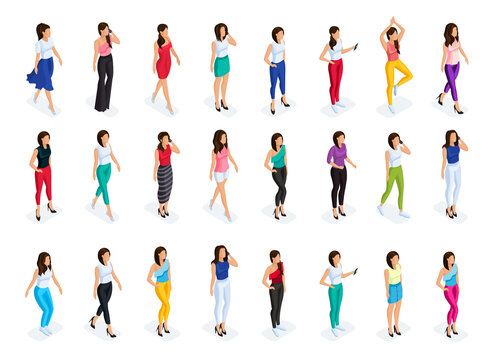Isometric set of 3D girls in fashionable clothes. Modern women in a dress, skirt, and pants. Fashionable outfits for characters .Vector illustration.