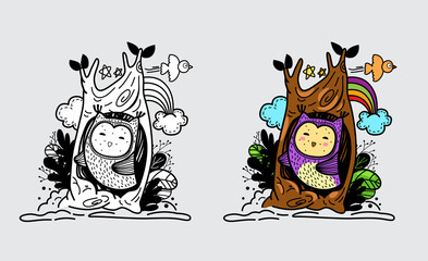 Illustration of isolated colorful and black and white owl for coloring book