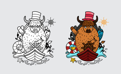 Illustration of isolated colorful and black and white yak for coloring book