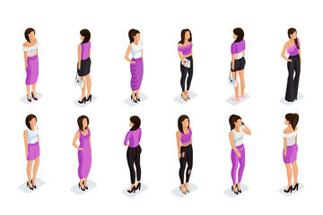 Isometric set of 3D girls in fashionable clothes. Modern women in a dress, skirt, and pants. Fashionable outfits for characters .Vector illustration.