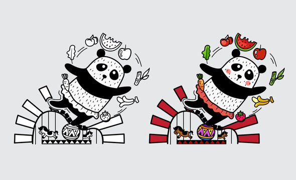 Illustration of isolated colorful and black and white panda for coloring book