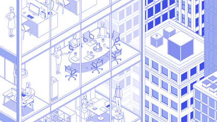 View of the office building and the city. Isometric cityscape, city view, city skyline. Vector illustration in flat design. Outlined, linear style, line art, editable stroke. People at work. Business.