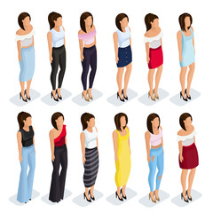 Obraz premium Isometric set of 3D girls in fashionable clothes. Modern women in a dress, skirt, and pants. Fashionable outfits for characters .Vector illustration.