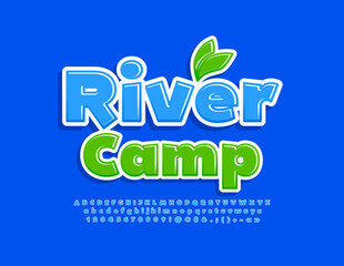 Vector creative emblem River Park with decorative Leaves. Blue Alphabet Letters, Numbers and Symbols set. Funny style Font - obrazy, fototapety, plakaty