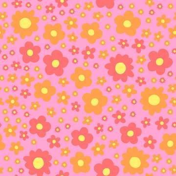 Hand drawn abstract pink and orange flowers seamless pattern on pink. Modern floral vector pattern.