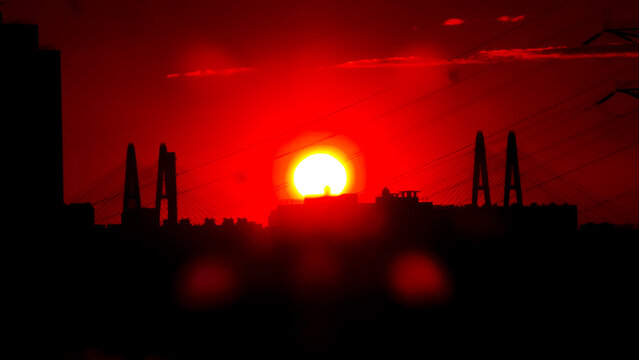 Red Sunset Over The City Close Up