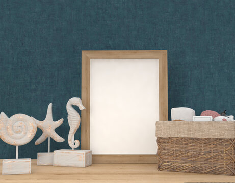 Vertical frame mockup stands on a wooden shelf with bathroom utensils in a wicker basket and figures, 3d rendering, 3d illustration