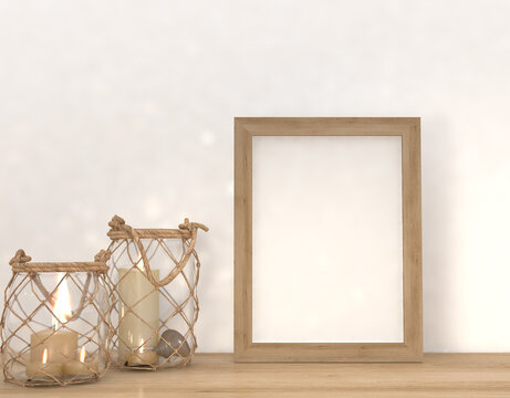 Vertical frame mockup stands on a wooden shelf with vintage  Candles in glass, 3d rendering, 3d illustration