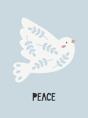 Hand drawn cute cartoon illustration of dove with olive branch. Peace lettering. Flat vector peace, love, no war concept in colored doodle style. Bird of freedom poster, postcard, or print design.