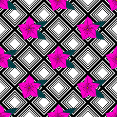 Exotic flowers on a geometric ornament. Seamless tropical pattern. Modern design for printing on fabric, wrapping paper. Vector illustration