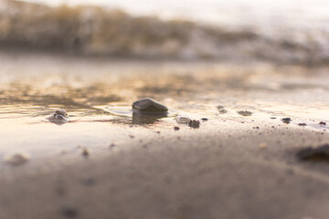 background sandy beach with waves and rocks