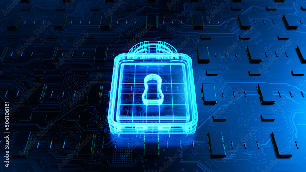 Poster Digital Lock Symbol. This image showcases a glowing digital lock symbol overlaid on a high-tech circuit board, representing cybersecurity and data protection in modern technology.