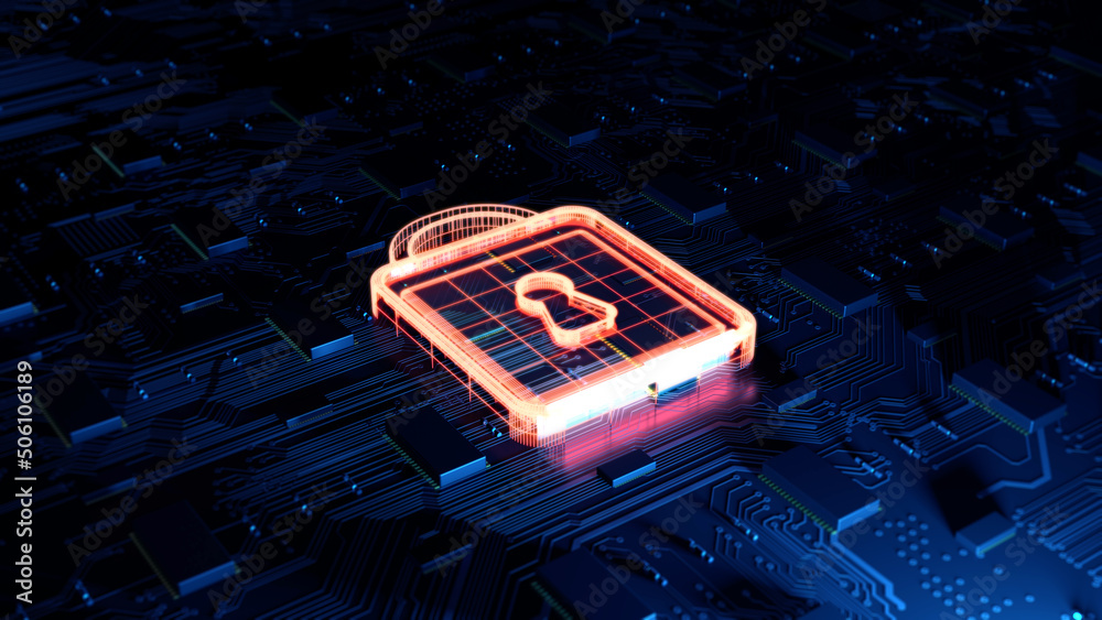 Poster Digital Lock Symbol. This image showcases a glowing digital lock symbol overlaid on a high-tech circuit board, representing cybersecurity and data protection in modern technology.