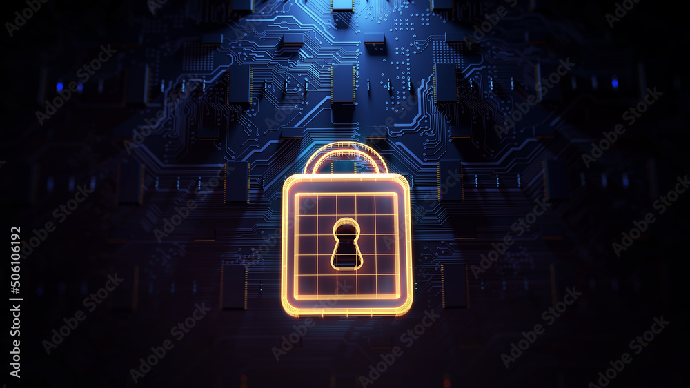 Poster Digital Lock Symbol. This image showcases a glowing digital lock symbol overlaid on a high-tech circuit board, representing cybersecurity and data protection in modern technology.