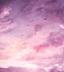 Sunset sky painting. Pink clouds watercolor background. Hand painted violet and purple colors painting. Romantic artwork