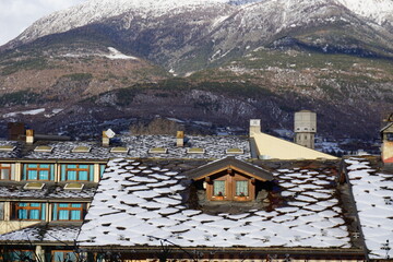 A village in the mountains during wintertime