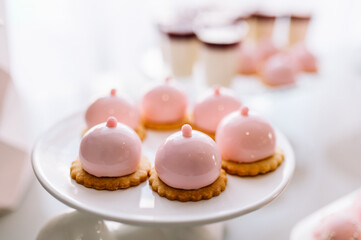 stylish children's candybar with a cake and macarons for a one year party in gentle tones of white and pink colors