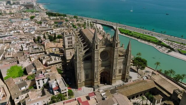 Aerial view of La Seu, the gothic medieval cathedral of Palma de Mallorca in Spain