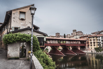 View of the Alpini Bridge with the Brenta River in Bassano del Grappa, Vicenza, Veneto, Italy, Europe