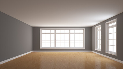 Empty Interior with Grey Walls, Parquet Floor, White Plinth, Large Full Wall Window on the Center and Two Windows on the Right. 3D rendering with a Work Path on the Windows. 8K Ultra HD 7680x4320
