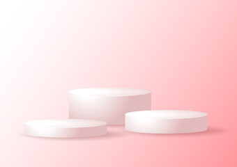 White 3d podium mockup on red background. Empty stage or pedestal mockup isolated on red background. Podium or platform for award ceremony and product presentation.